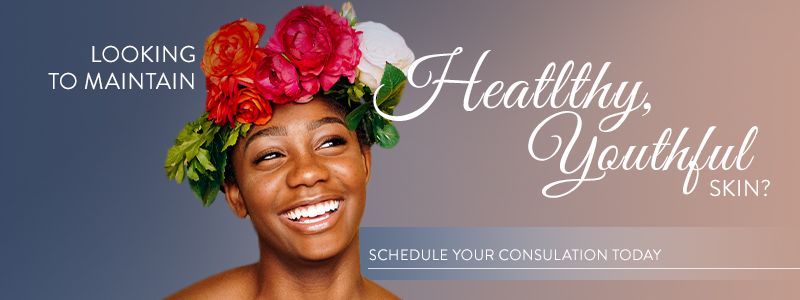 Smiling woman with floral crown promoting skincare consultation.