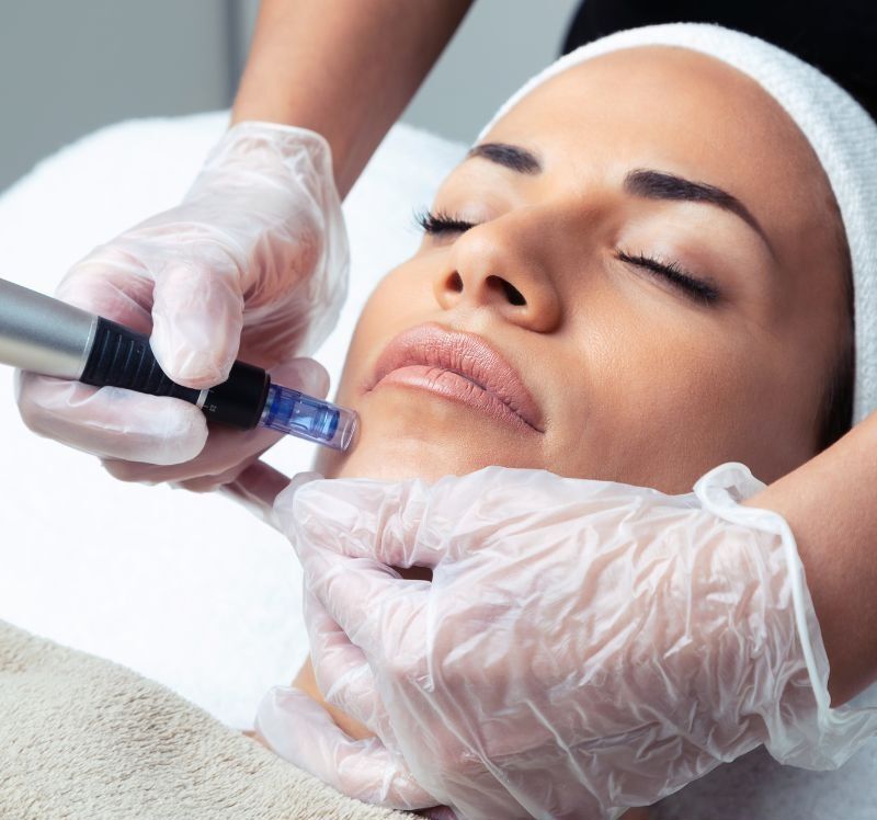 Microneedling treatment on a woman's face.