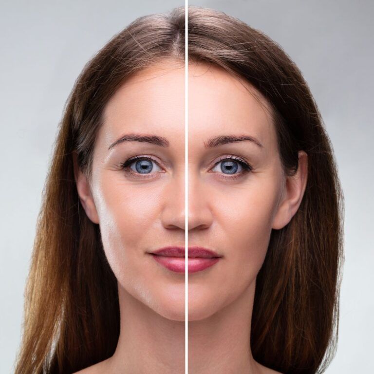 Half-finished face split comparison, showcasing beauty transformation.