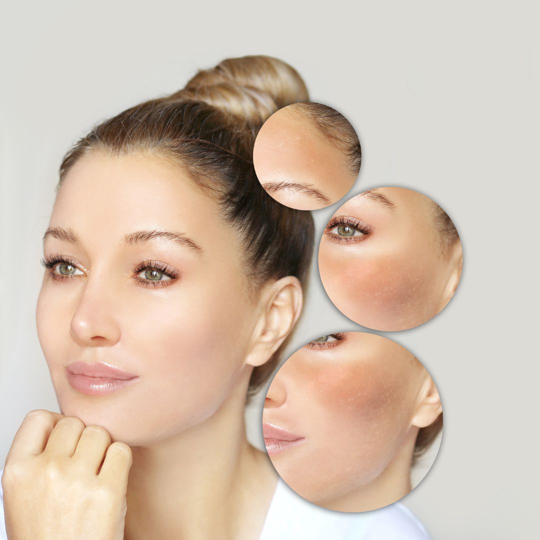 Model showcasing skincare and complexion details.