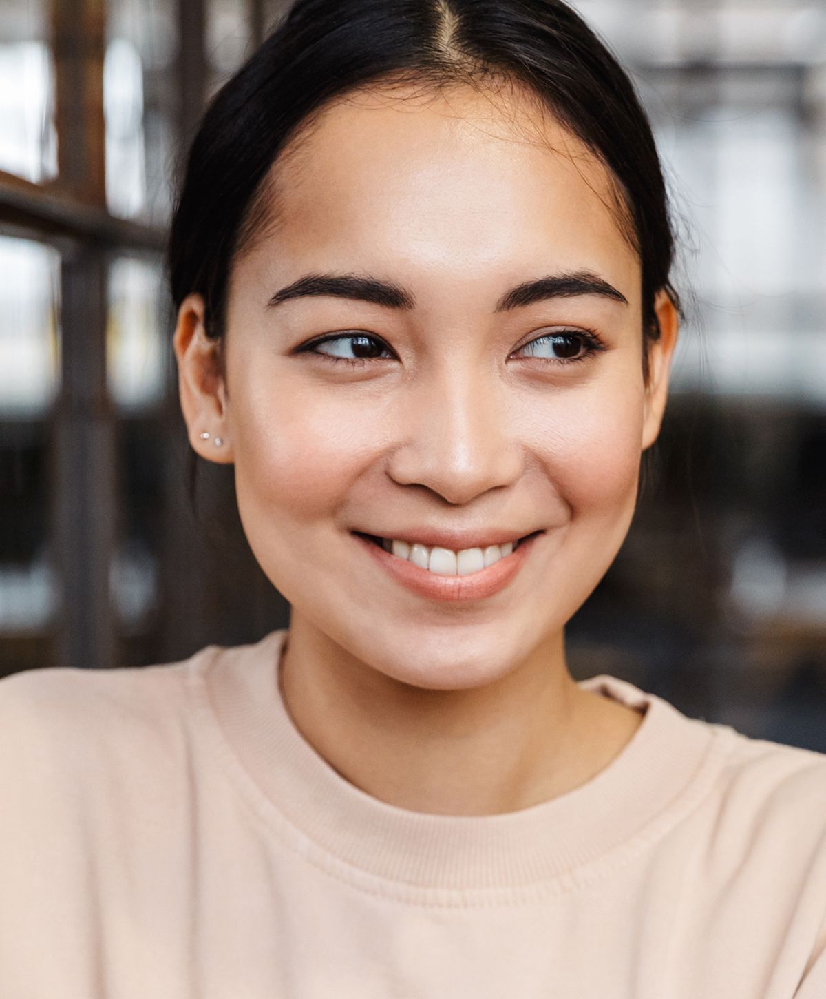 Close-up of a woman with radiant skin.