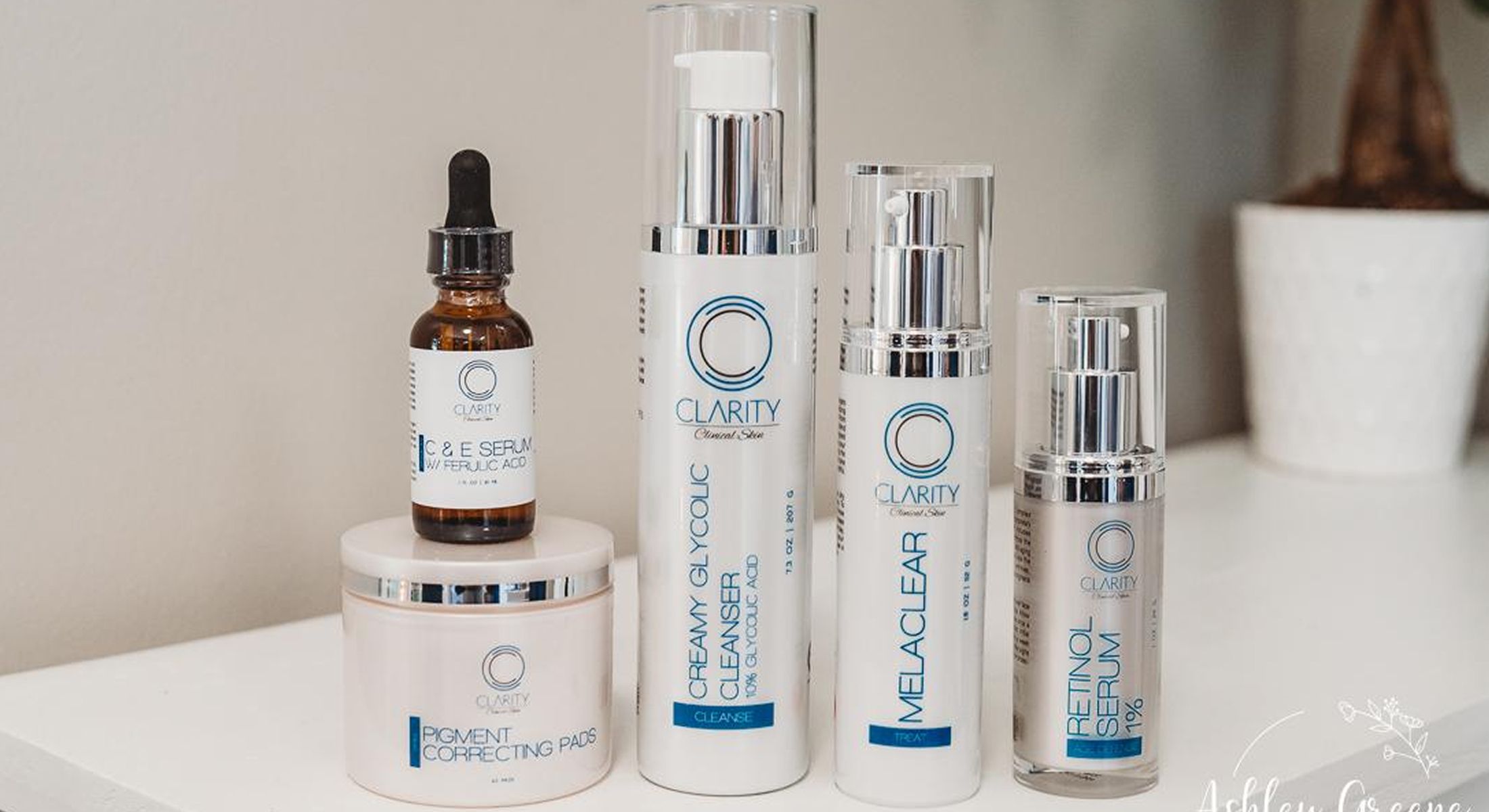 Skincare products on a countertop.