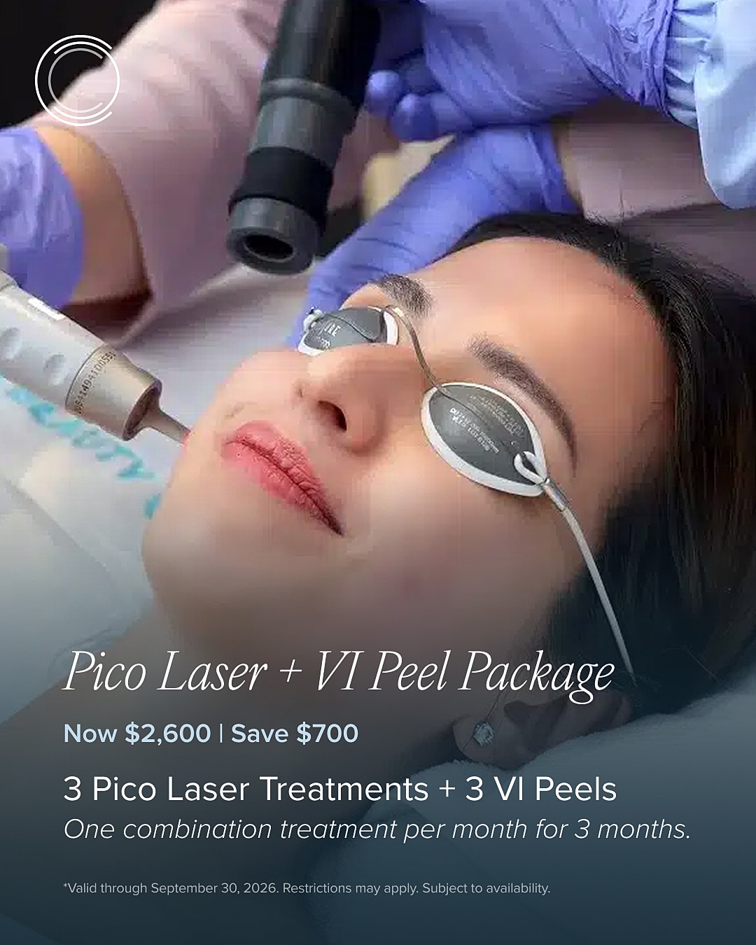 Pico laser and VI peel treatment advertisement.